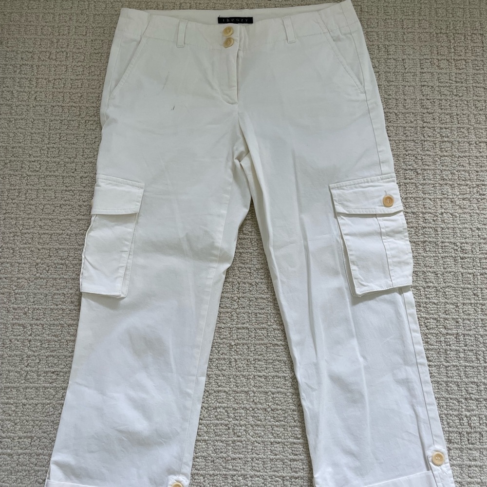 Theory White Capri Pants with tan buttons
